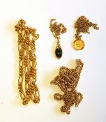 9ct gold and polished green hard stone pendant and chain link necklace,