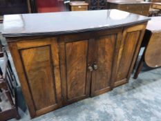 19th century mahogany cabinet enclosed by flame mahogany doors, 123cm (af - door hanging off,