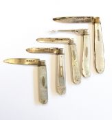 Victorian folding silver knot-lobster pick with mother-of-pearl scales together with four