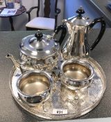 Silver plate coffee pot, hot water pot, sugar bowl,