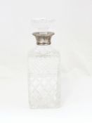 20th century square cut glass decanter with silver flared rim neck, London 1970,