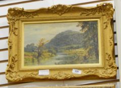 English School 19th century Oil on board Summer river landscape with cows lying down and wooded