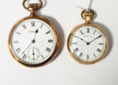 Waltham gold-plated open-faced pocket watch with Roman numerals and subsidiary dial,
