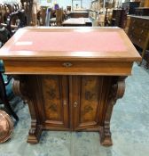 19th century walnut davenport with gallery border, red baize insert, lift-up writing flap,
