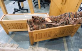 Pair of modern pine planters with plastic inserts,