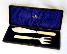 Pair George V Walker & Hall silver cream-handled fish servers with line engraving, Sheffield 1924,