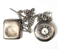 Silver-cased half-hunter pocket watch with chain together with a silver vesta case,