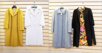 Harrods silk white coat dress, a Warwick House of Malvern mustard yellow duster coat,