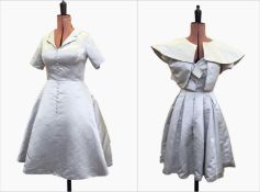 Alexandra Sareh grey silk short evening dress and another grey satin strapless short evening dress