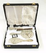 Modern silver dressing table set, 4 pieces : mirror, brush, clothes brush and comb,