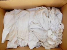 Broderie anglaise Victorian petticoat, two caps, another petticoat, baby's bibs,