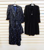 1930's tea gown in black satin, printed with blue roses,