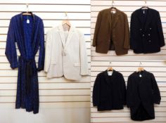 Gentleman's silk blue and black dressing gown with fringed belt, a cream linen suit,
