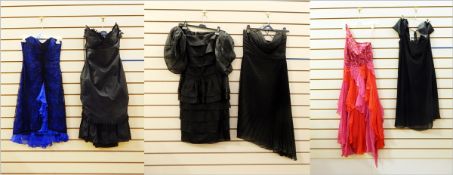 David Fielden blue chiffon strapless cocktail dress with black lace overlay,