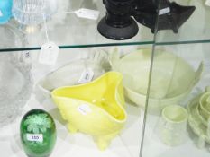 Sowerby opaque cream pressed glass two-handled bowl decorated with panels of chrysanthemums and