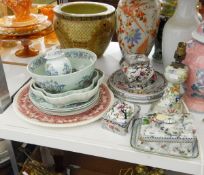 Edwardian style brass desk lamp, another, various Coronaware including tea caddy, platter,