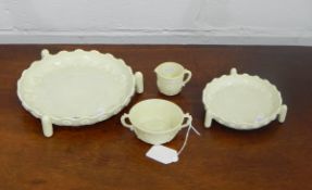 Victorian Sowerby opaque cream pressed glass plate with daisy decoration, on three reeded supports,