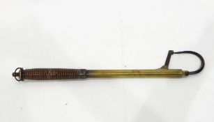 Brass two-draw extending salmon gaff with spring point projector, turned wooden handle,