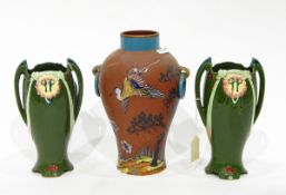 Early 20th century terracotta Devon pottery type baluster-shaped vase with blue painted panels and
