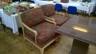 Pair of Marge Carson upholstered and shewwood easy armchairs