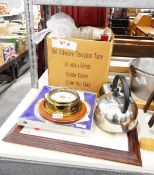 Assorted ceramic vases including a Belleek vase, an alarm clock, a wall clock, a kettle,