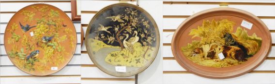 Torquay terracotta pottery charger handpainted with bluetits amongst wisteria, 41cm diameter,