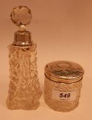 Cut glass dressing table jar with hammered silver cover,