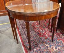 Georgian mahogany demi-lune foldover top card table with satinwood cross-banding,
