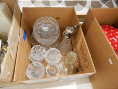 Moulded glass claret jug with metal collar, handle and lid,