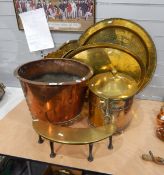 Large copper coal scuttle, a brass lidded coal scuttle,