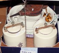 Brass fire companion with models of Sealyham terriers, brass weighing scales, candlesticks,