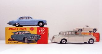 Dinky Jaguar MKX, the boot containing bag and trunk, boxed, Dinky MGB Sports Car (driver missing),