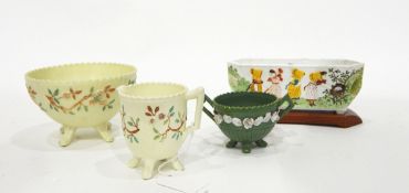 Sowerby opaque white pressed glass flower trough decorated with a relief scene of girls and a nest,