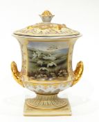 Royal Stone China Rosselle ware lidded urn with panels of game birds and chinoiserie decoration to