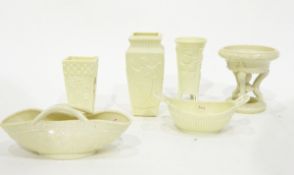 Sowerby opaque cream pressed glass vase of panelled form depicting Oriental figures, 11.