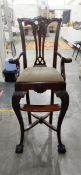 Chippendale-style mahogany child's high chair with upholstered seat, foot ledge,