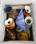 Tiffany-style pale blue lamp, a pair of Victorian vases, transfer printed with sheep,