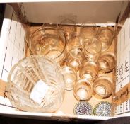 Water or lemonade set comprising jug and assorted glasses with hunting scenes,