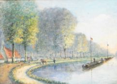 E Caron(?) Oil on board Barges being pulled by horse,