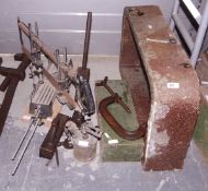 Clamp, gas lamps, a large metal basin, two metal tool kits, wooden plane, etc.