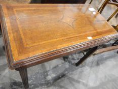 19th century inlaid rectangular top side table with pierced corner brackets, on moulded square legs,