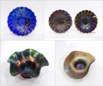 Northwood blue carnival glass bowl in the 'Good Luck' pattern, two others in the same pattern,