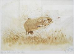 Print of a leaping salmon about to catch the fly, inscribed in margin in pencil 