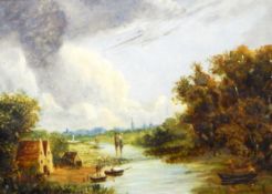 18th century Dutch school Oil on panel Brooding river landscape with figures and boats on river,