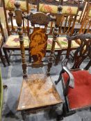 19th century beech hall chair with dragon and floral marquetry inlay to seat, shaped back,