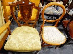 Edwardian inlaid rosewood shield-back occasional chair with upholstered stuffover seat,