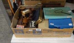 Quantity of collectables, carved wooden items, leather wallets, boxed Christmas baubles, table mats,