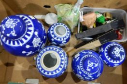 Various modern ceramic ginger jars, playworn Cars of Yesteryear, two fans, china doll pincushions,