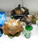 Green carnival glass bowl by Fenton in the 'Horse Medallion' pattern, another marigold example,