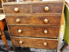 19th century oak chest of drawers with two short and three long graduated drawers,